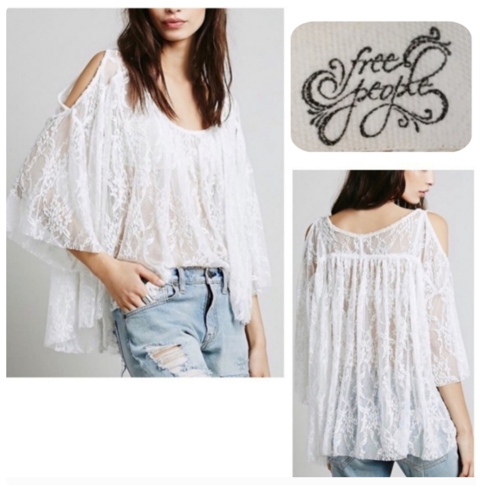 Free People Oversized "Lost in Austin" Lace Sheer Boho Top Size XS